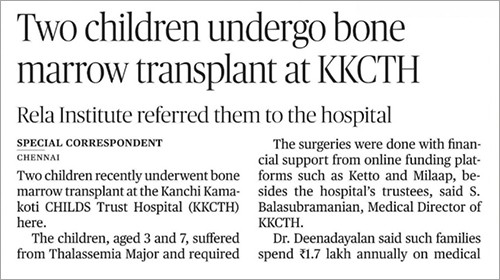 Successful bone marrow transplantation by Rela Hospital at KKCTH